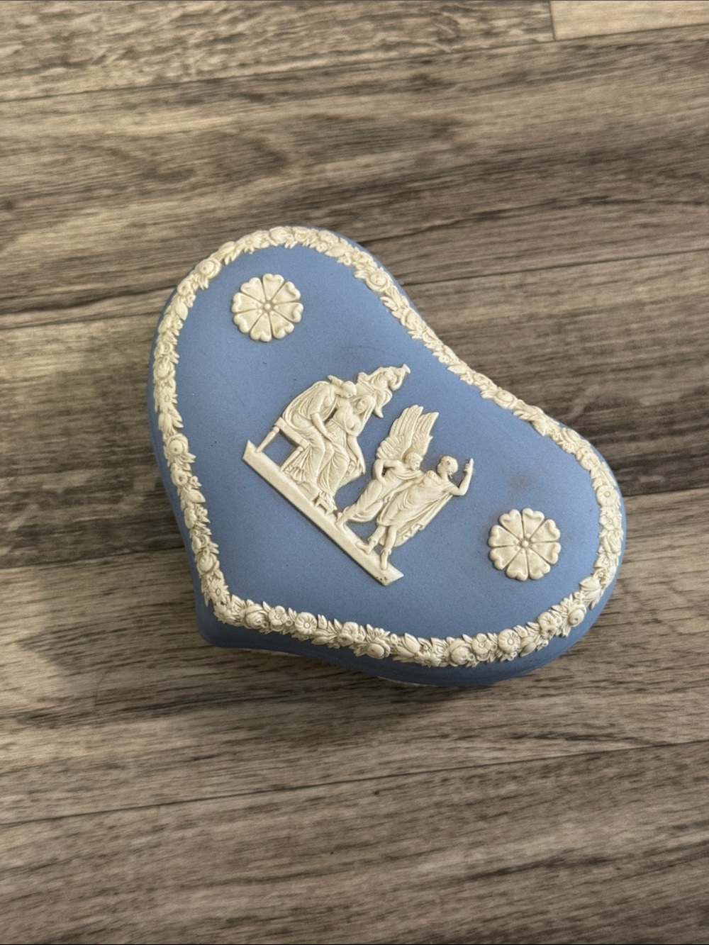 Vintage Wedgwood pale blue Jasperware heart shaped trinket box